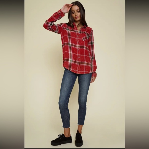 268.Plaid Button Down Shirt Washed Red Rayon Layering S M & L Available NEW Item - Picture 4 of 7